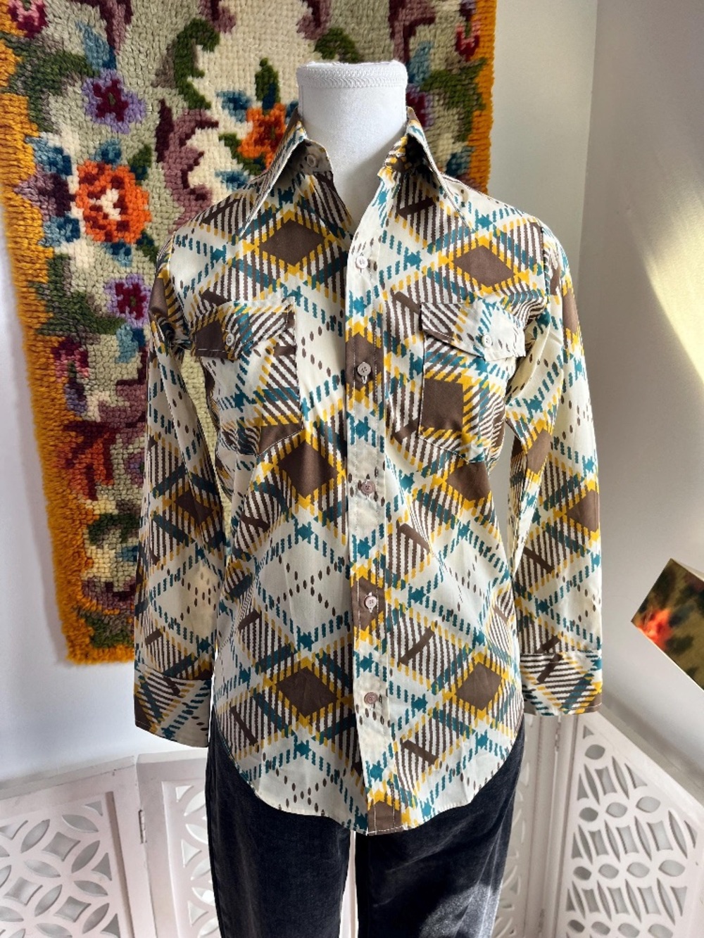 Vintage Geometric Button-Up Shirt in Cream, Teal & Mustard (NWOT)